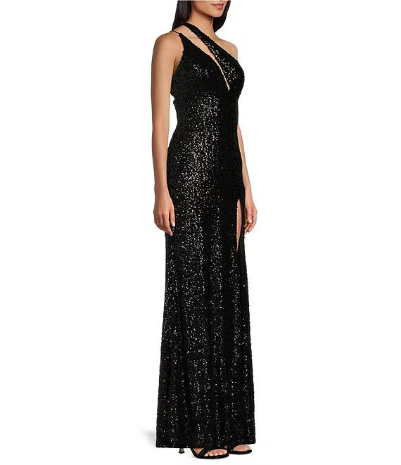 One shoulder hollowed out lace up with front slit and long sequin prom dress